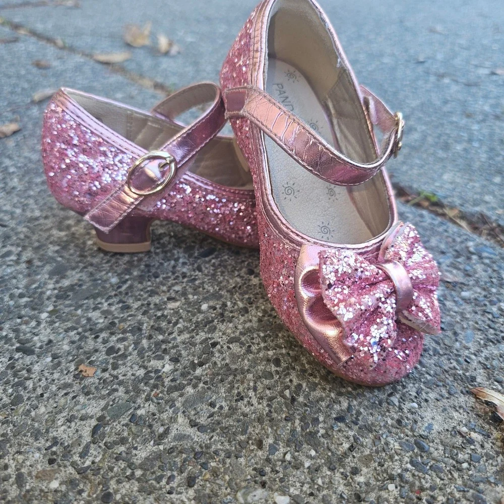 Pandanija Kids Girls Sparkly Pink Glitter Bow Mary‎ Jane Shoes Size 7